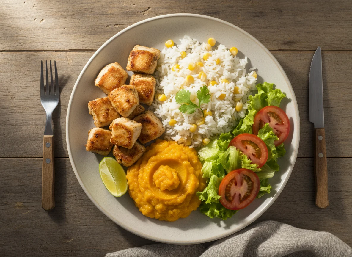 Prato feito com frango e arroz photo