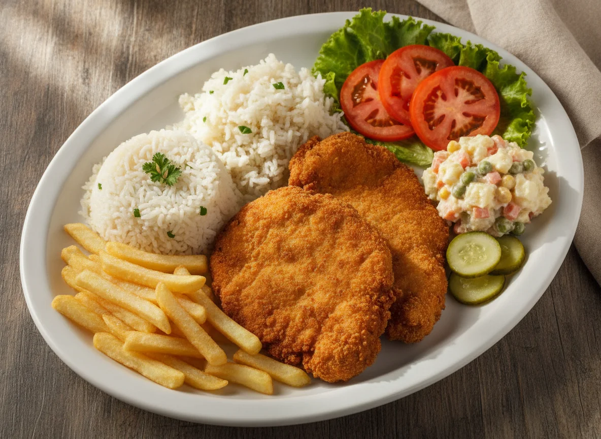 Prato feito com frango empanado, arroz, batata frita e saladas photo