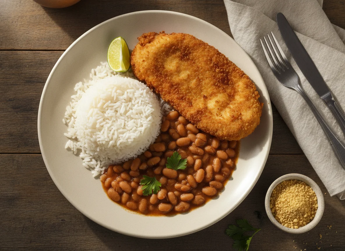 Prato feito com frango empanado, arroz e feijão photo
