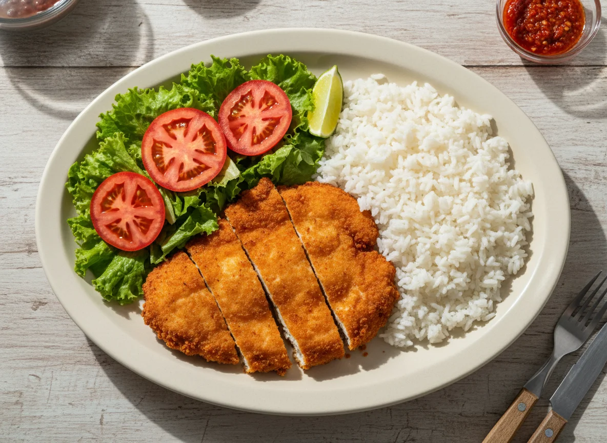 Prato feito com frango empanado, arroz e salada photo