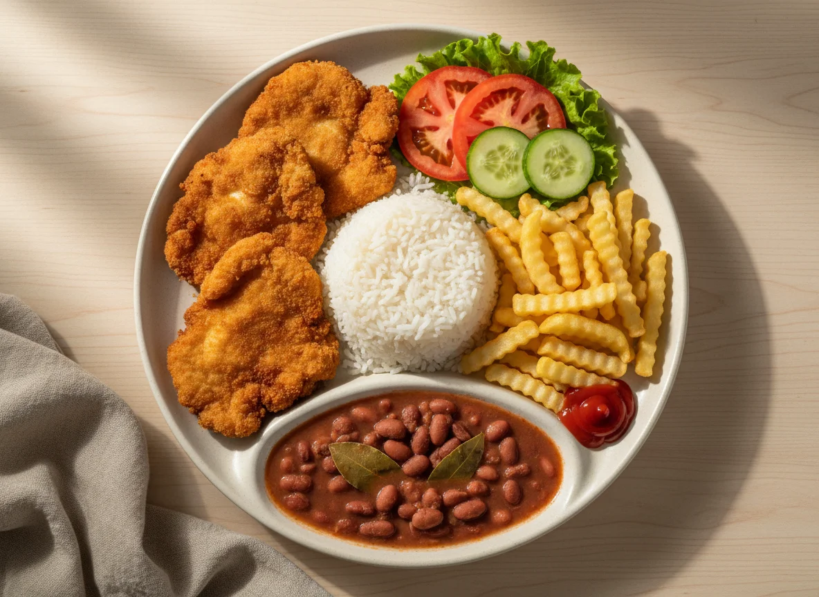Prato feito com frango empanado, arroz, feijão, batata frita e salada photo