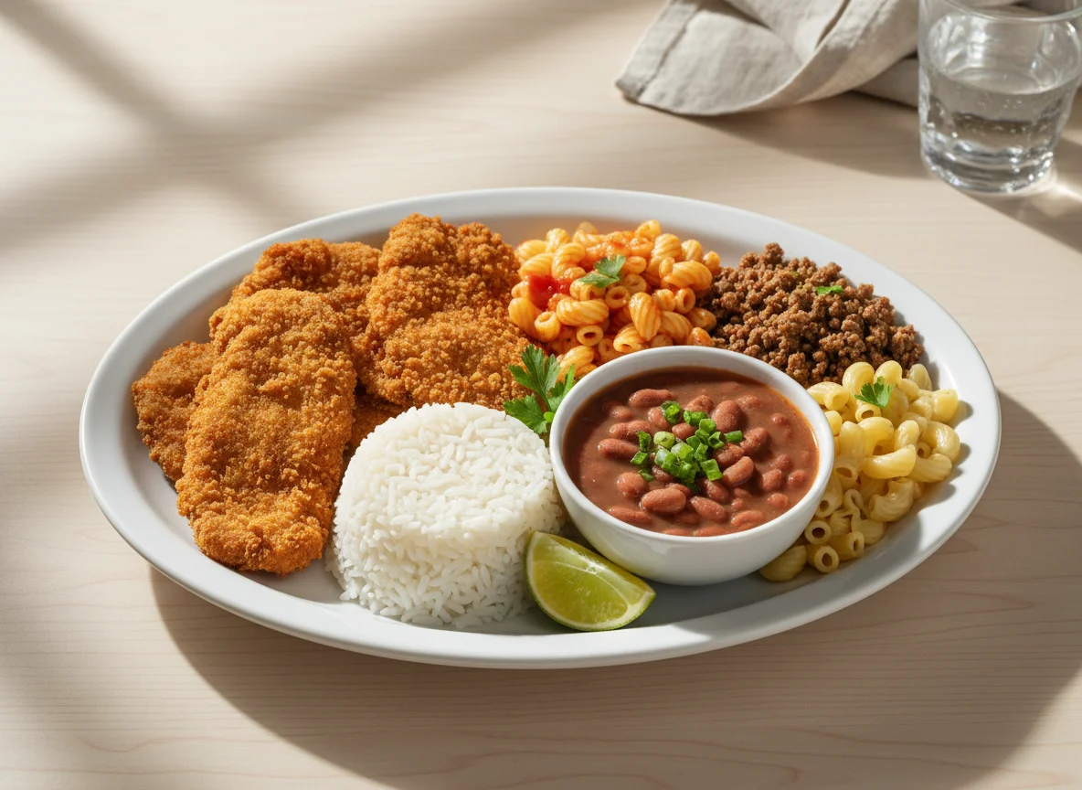 Prato feito com frango empanado, arroz, feijão e carne moída photo