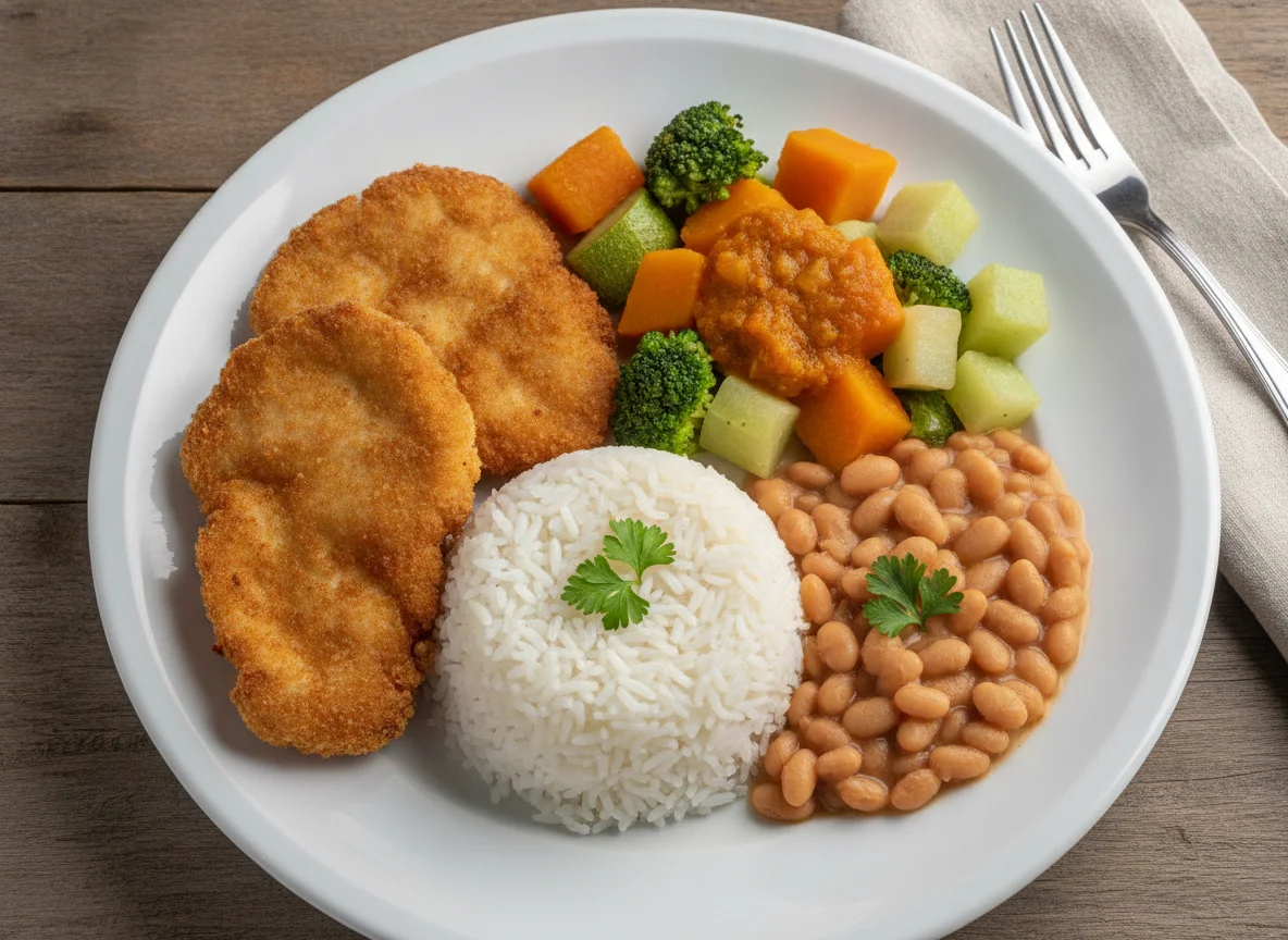 Prato feito com frango empanado, arroz, feijão e legumes photo