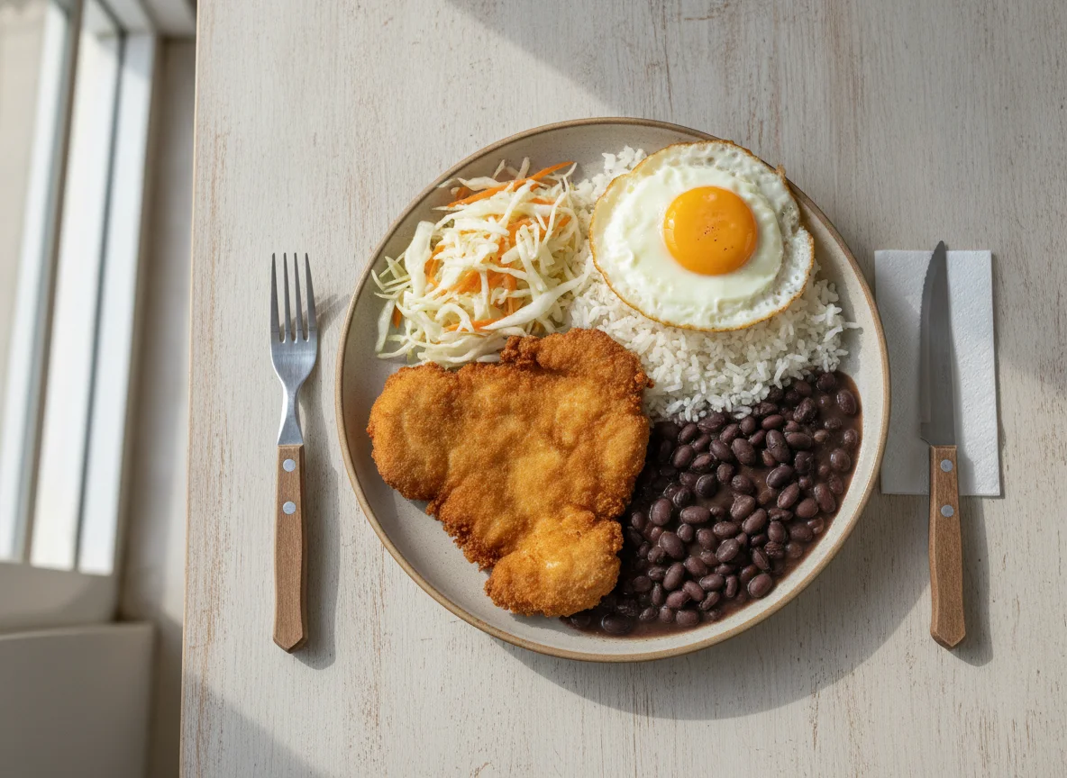 Prato feito com frango empanado, arroz, feijão e salada photo