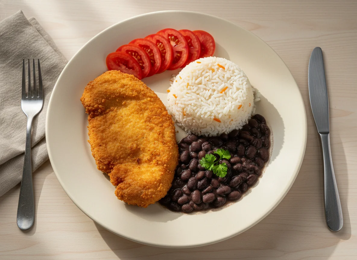 Prato feito com frango empanado, arroz, feijão e tomate photo