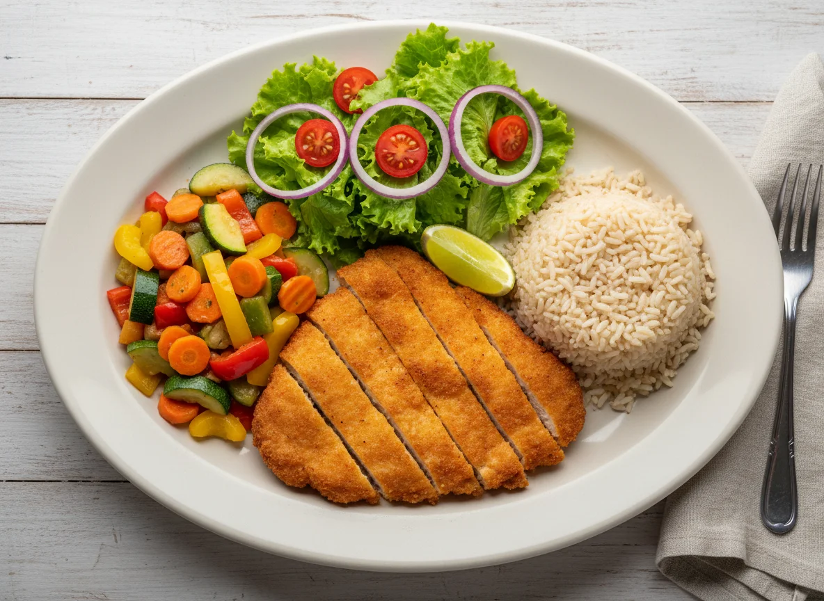 Prato feito com frango empanado, arroz integral, refogado de legumes e salada photo