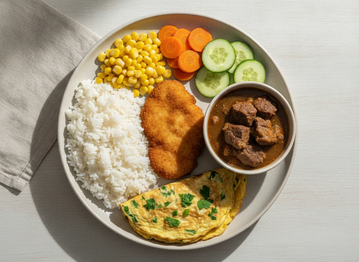 Prato feito com frango empanado, carne cozida, omelete e vegetais photo