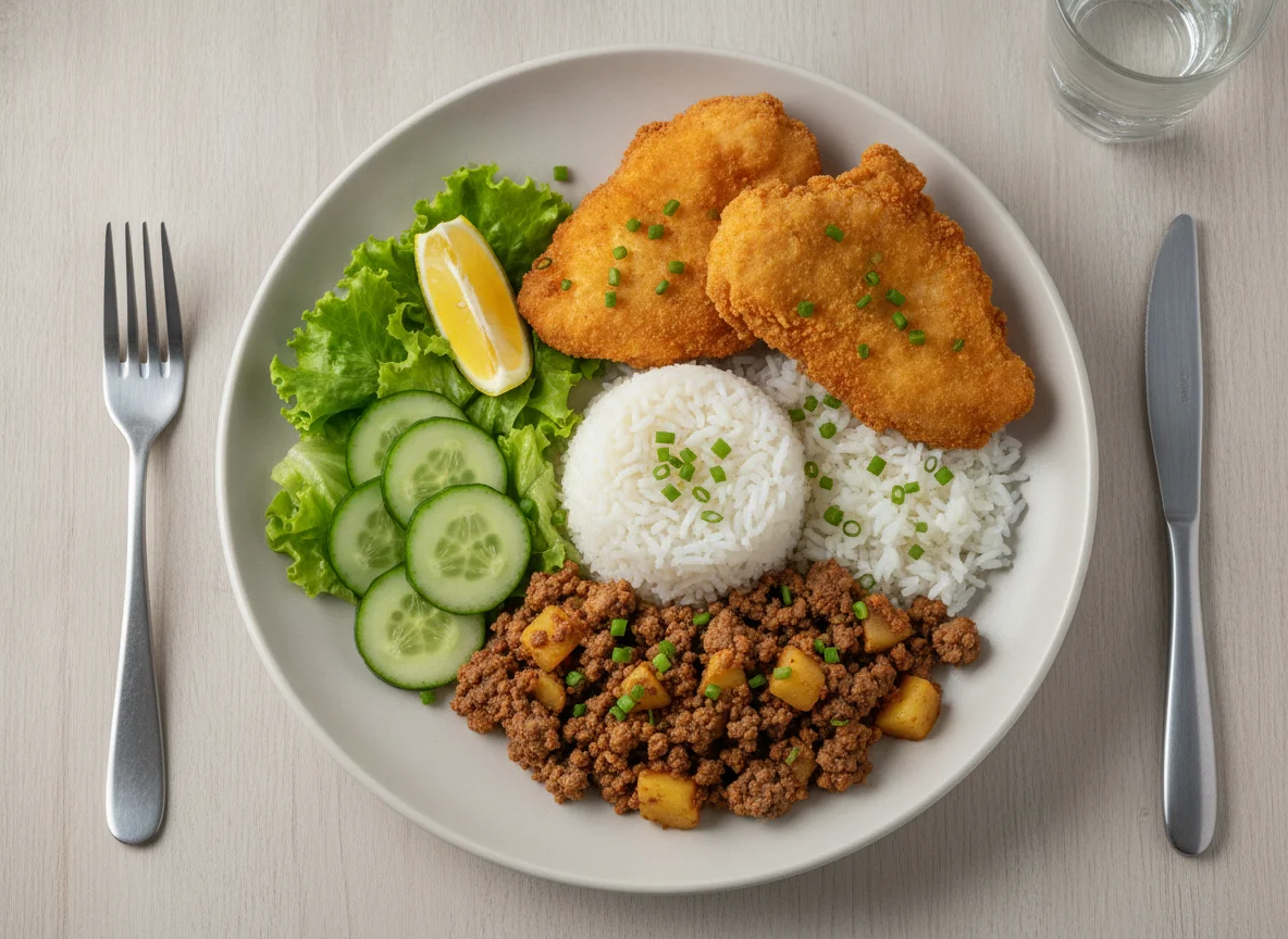 Prato feito com frango empanado, carne moída e arroz photo