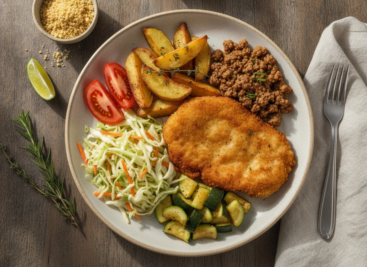 Prato Feito com Frango Empanado, Carne Moída e Legumes photo