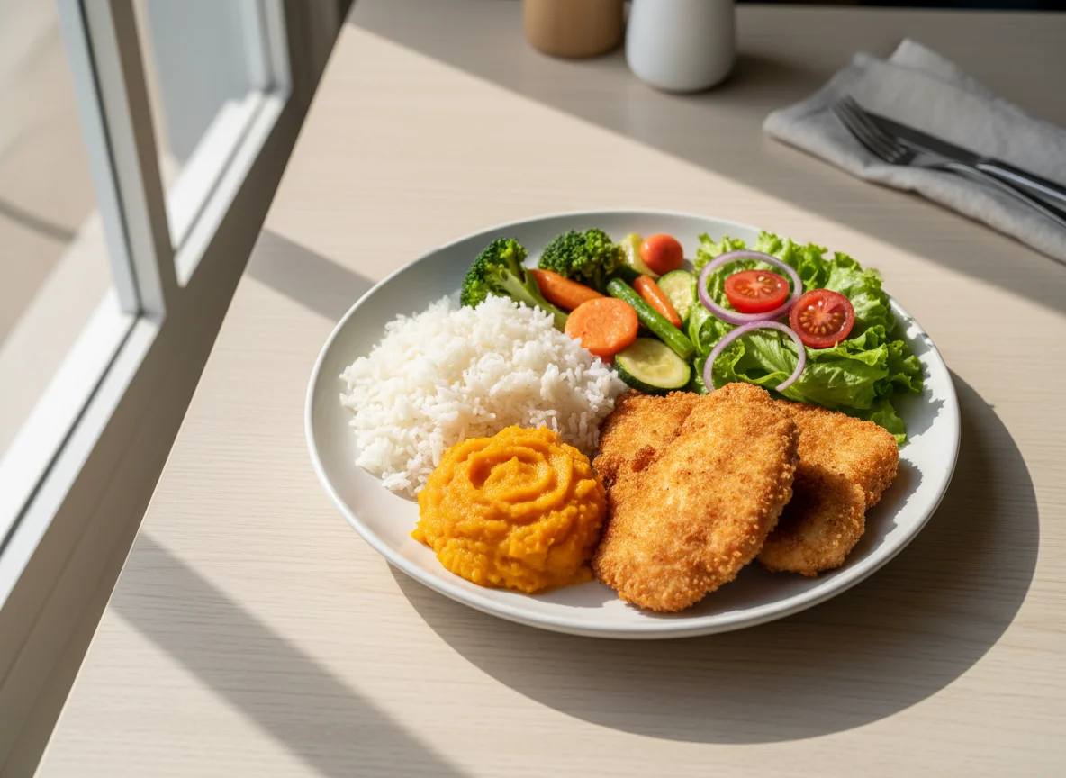 Prato feito com frango empanado e vegetais photo