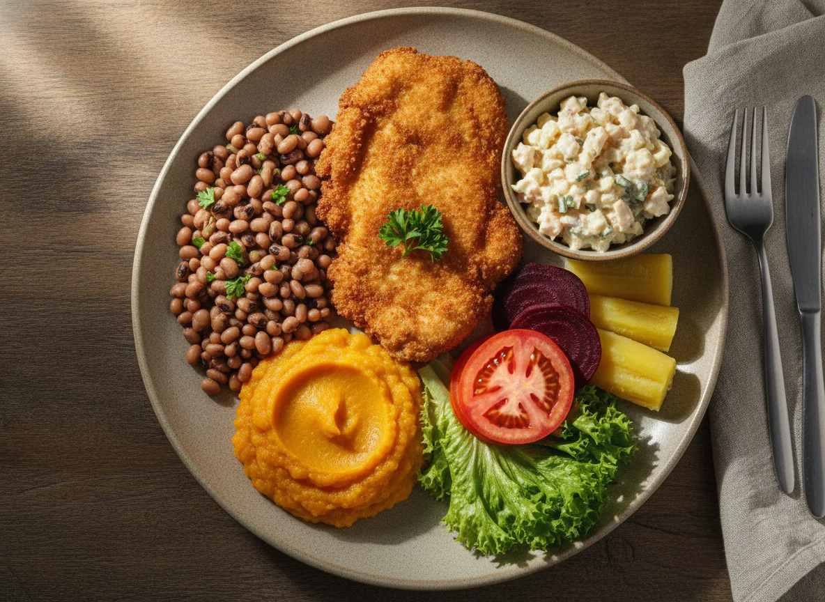 Prato Feito com Frango Empanado, Feijão Fradinho e Salada photo
