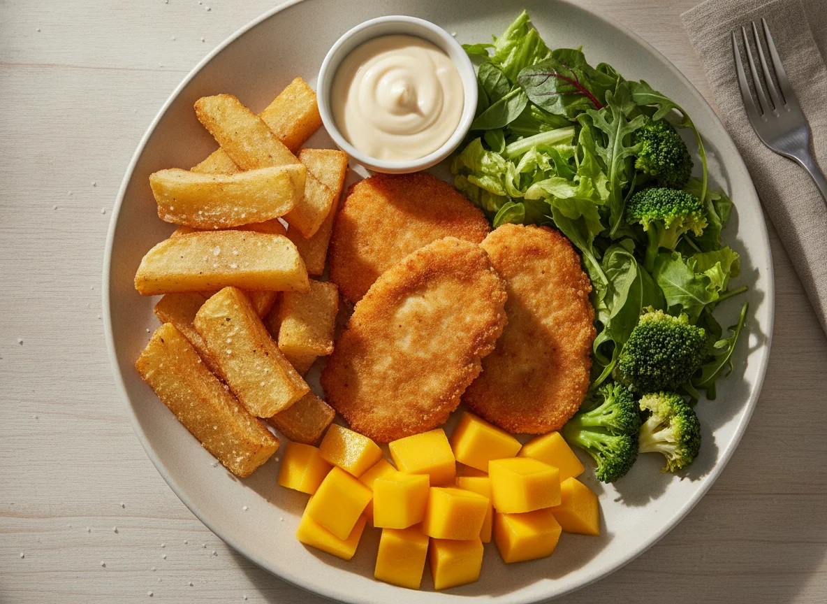 Prato feito com frango empanado, mandioca frita, salada e manga photo