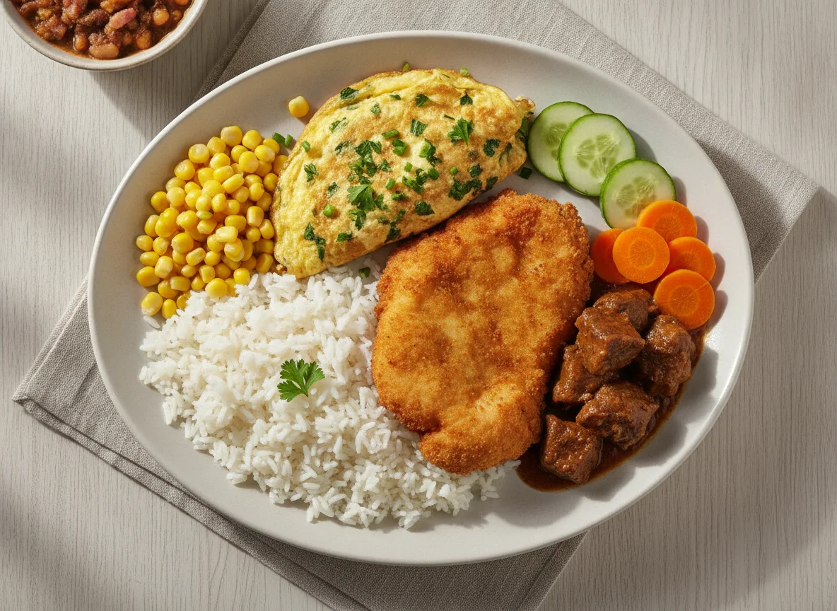 Prato Feito com Frango Empanado, Omelete e Legumes photo