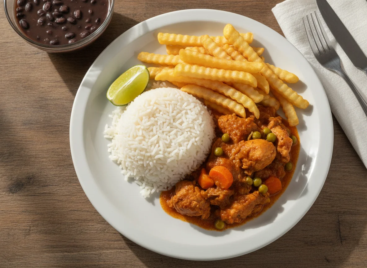 Prato feito com frango ensopado, arroz e batata frita photo