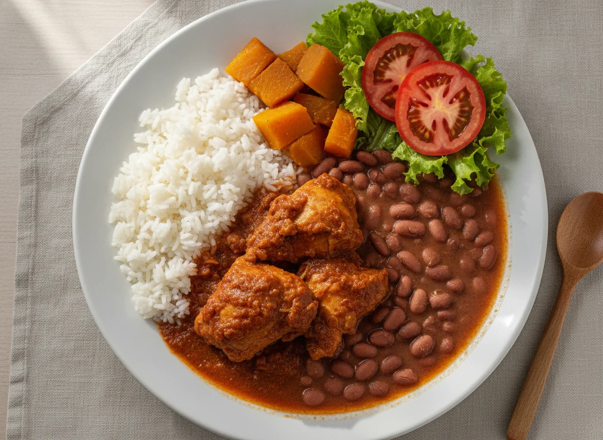 Prato Feito com Frango Ensopado, Arroz e Feijão photo