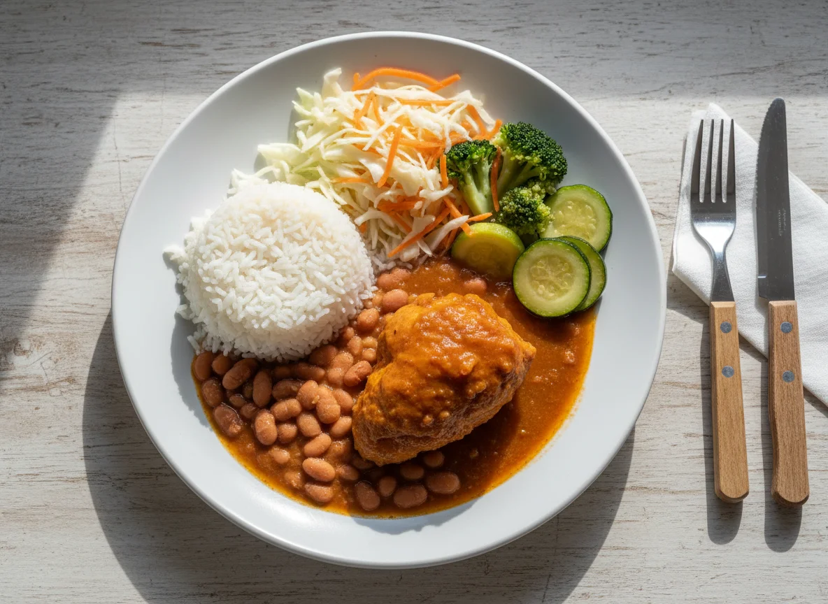 Prato feito com frango ensopado, arroz, feijão e salada photo