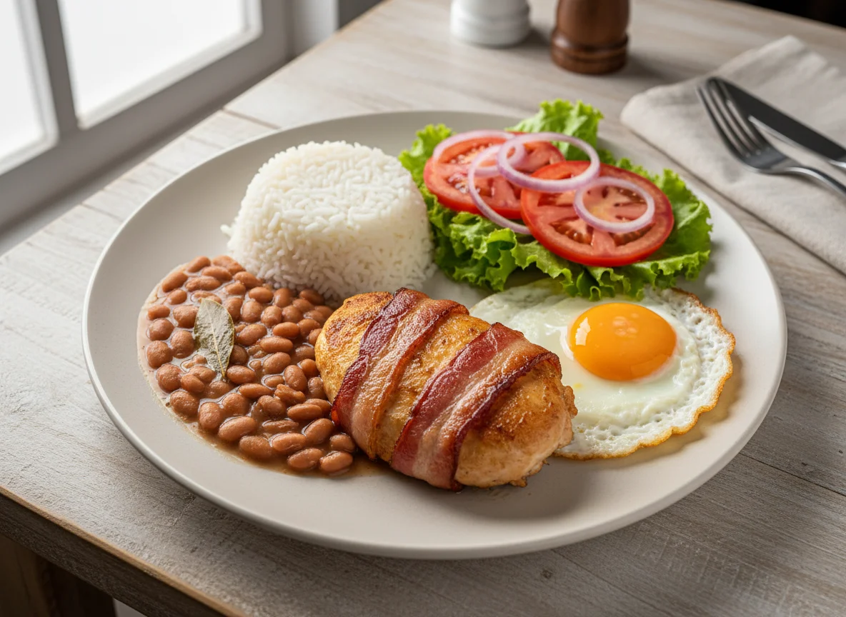 Prato feito com frango envolto em bacon, arroz, feijão, ovo frito e salada photo