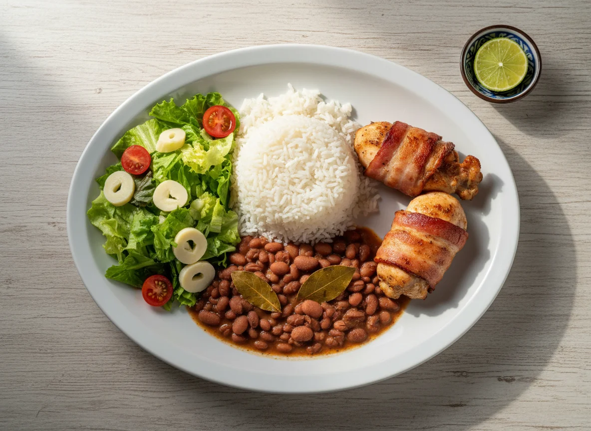 Prato feito com frango envolto em bacon, arroz, feijão e salada photo