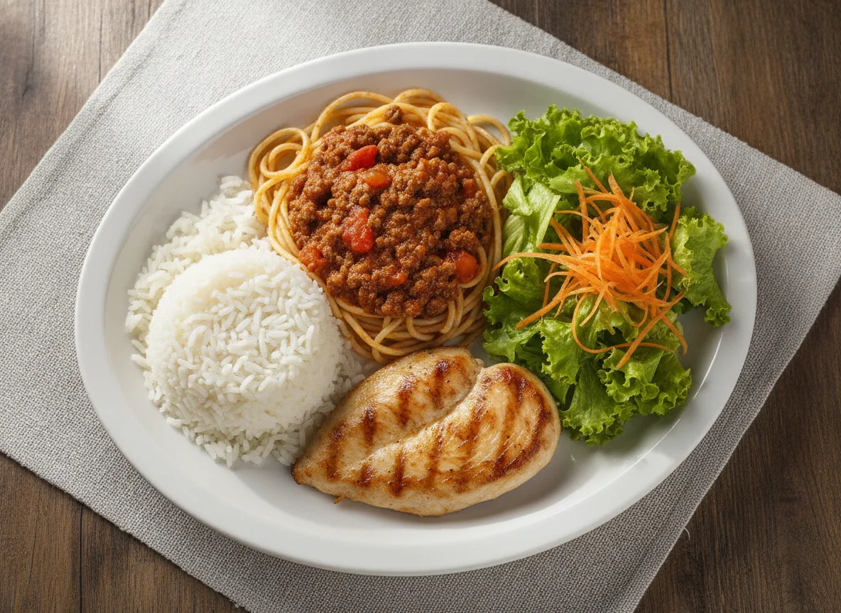 Prato feito com frango, espaguete à bolonhesa, arroz e salada photo