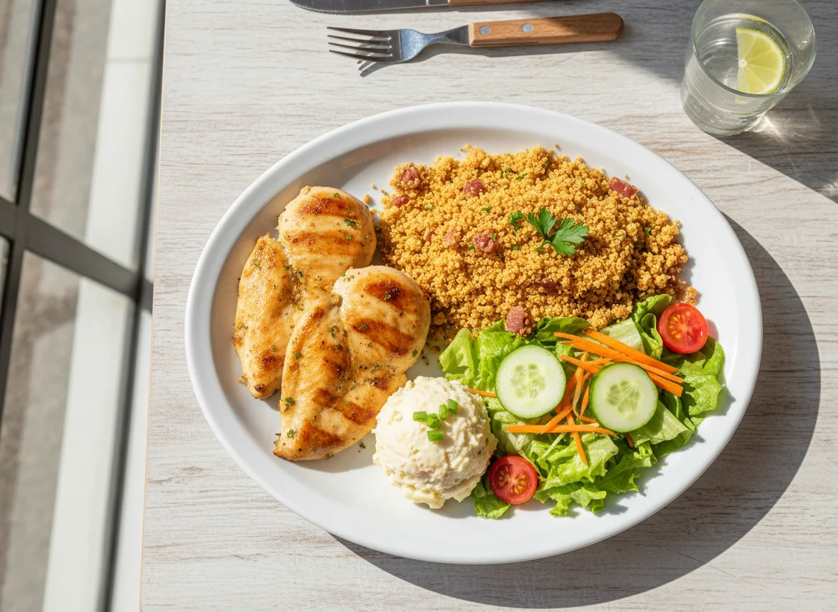 Prato feito com frango, farofa e salada photo