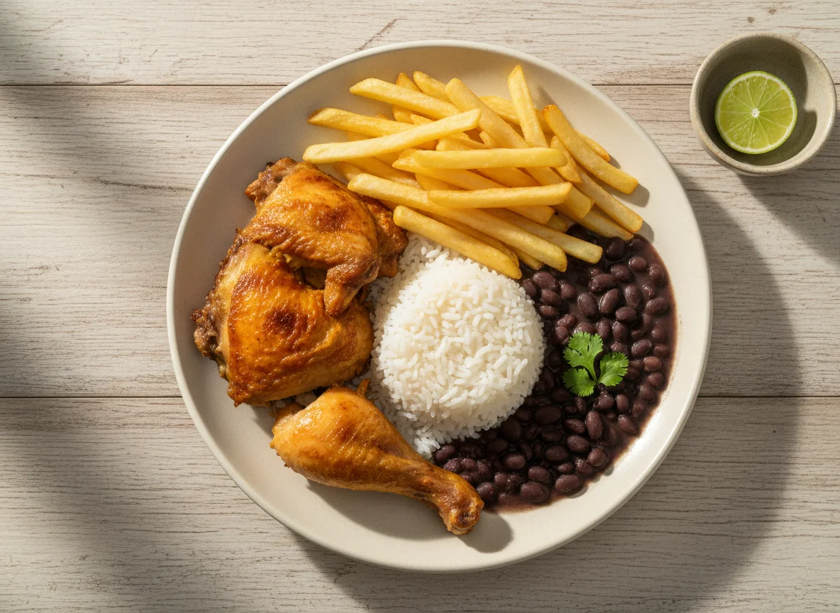 Prato feito com frango, feijão, arroz e batata frita photo