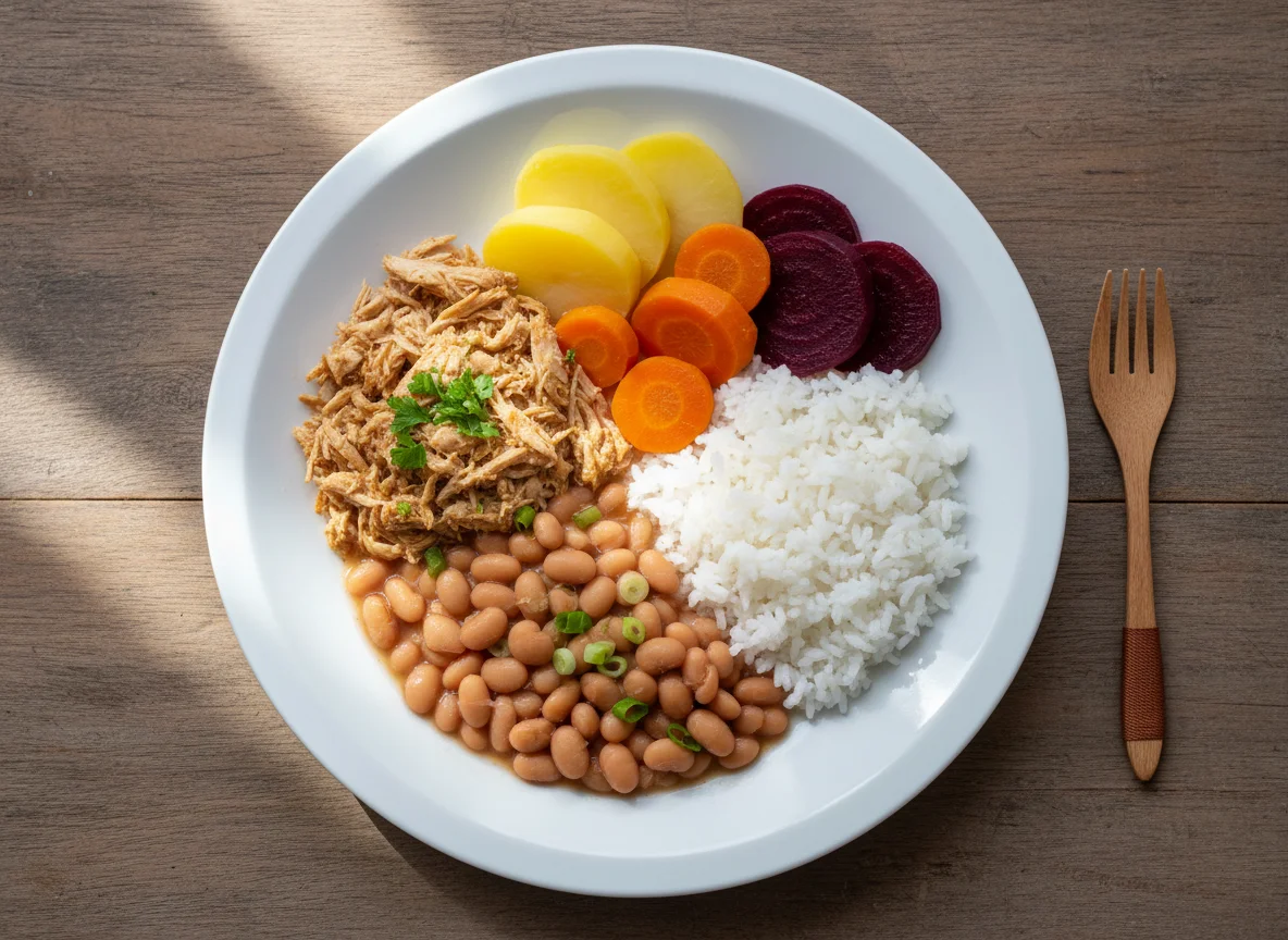 Prato feito com frango, feijão, arroz e legumes photo