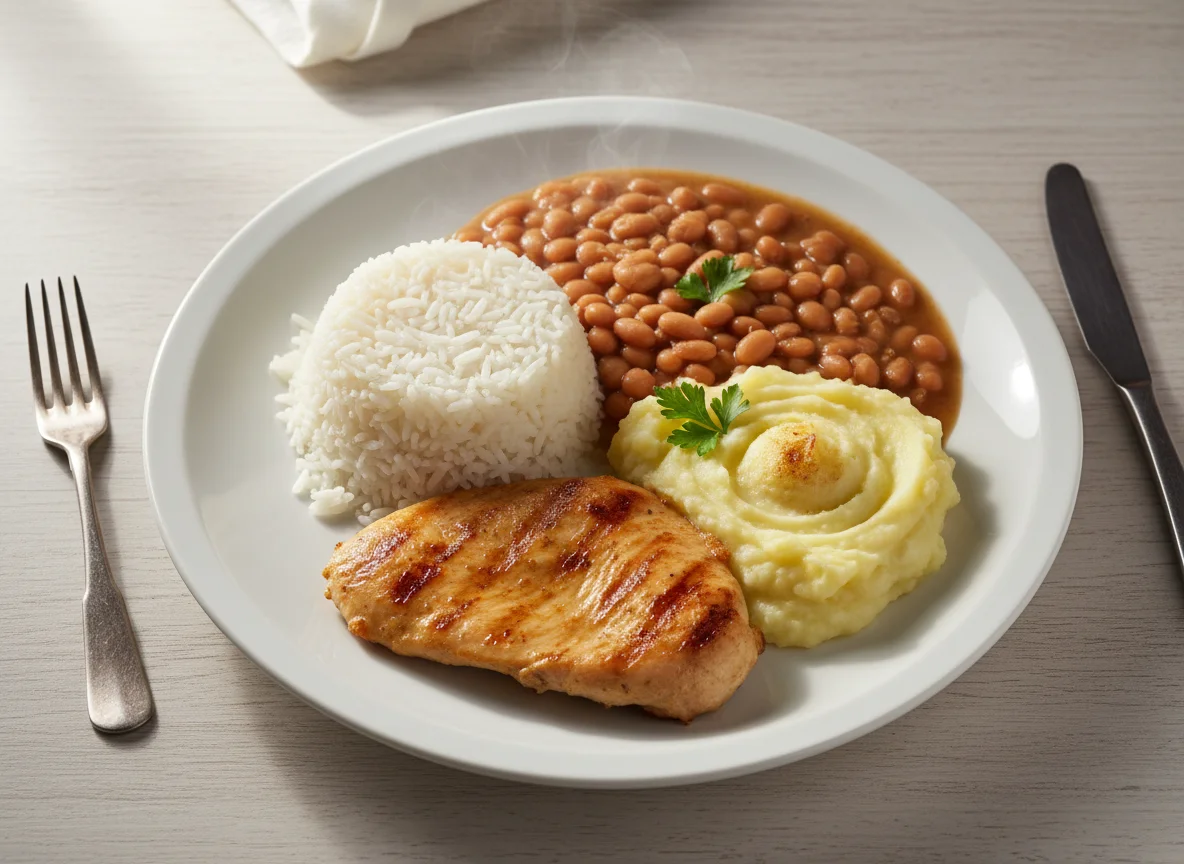 Prato feito com frango, feijão, arroz e purê de batata photo