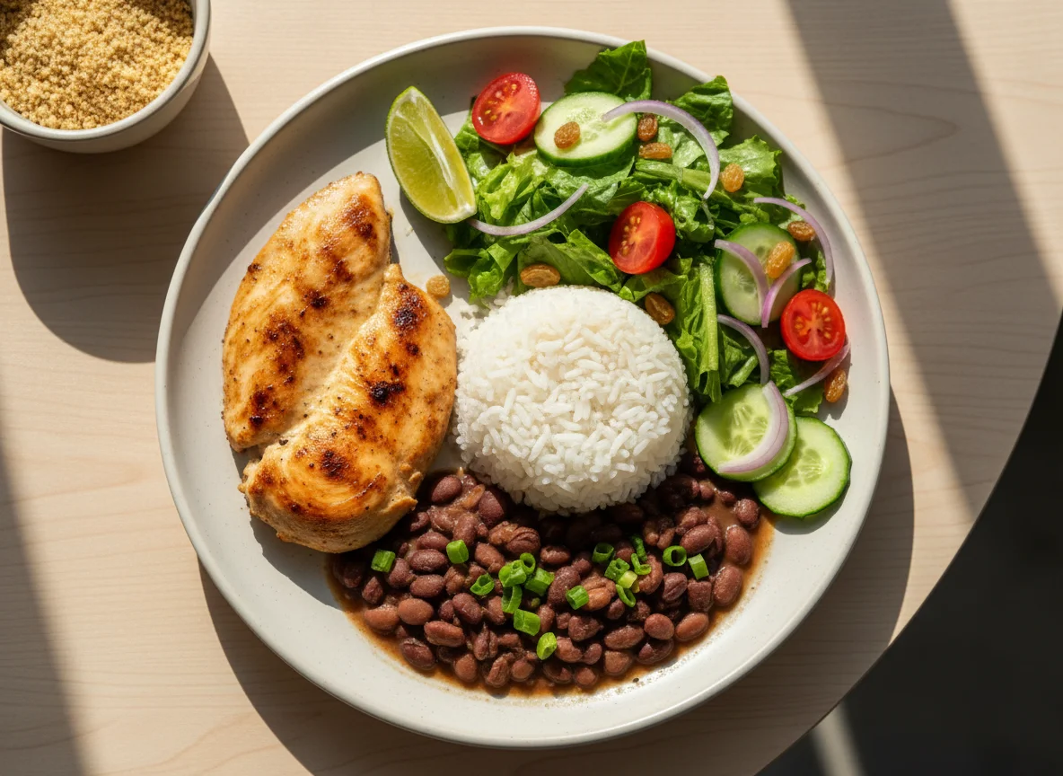 Prato feito com frango, feijão, arroz e salada photo