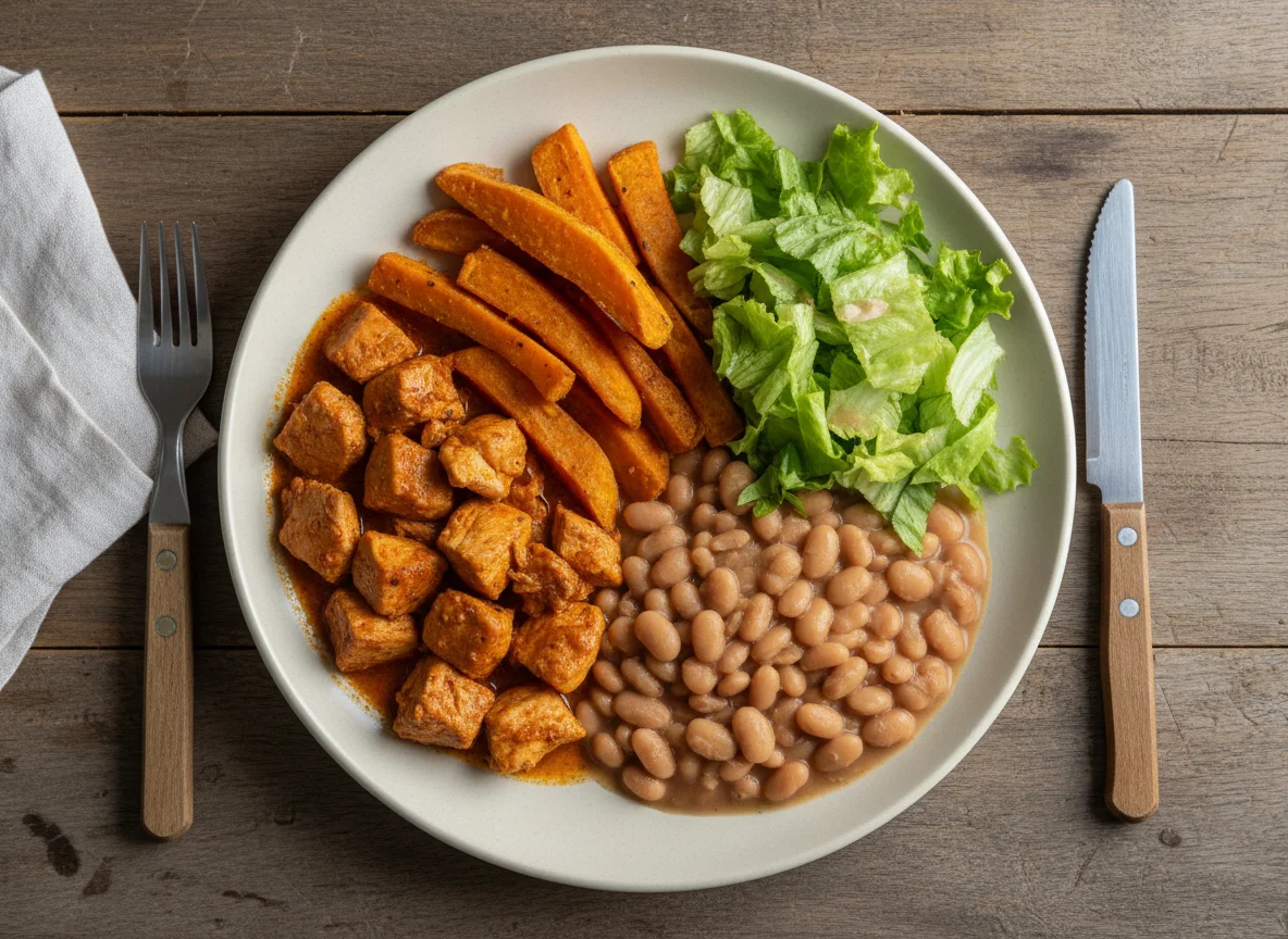 Prato feito com frango, feijão, batata doce e alface photo