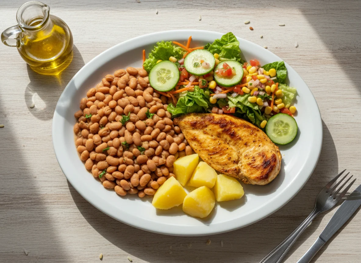 Prato feito com frango, feijão, batata e salada photo