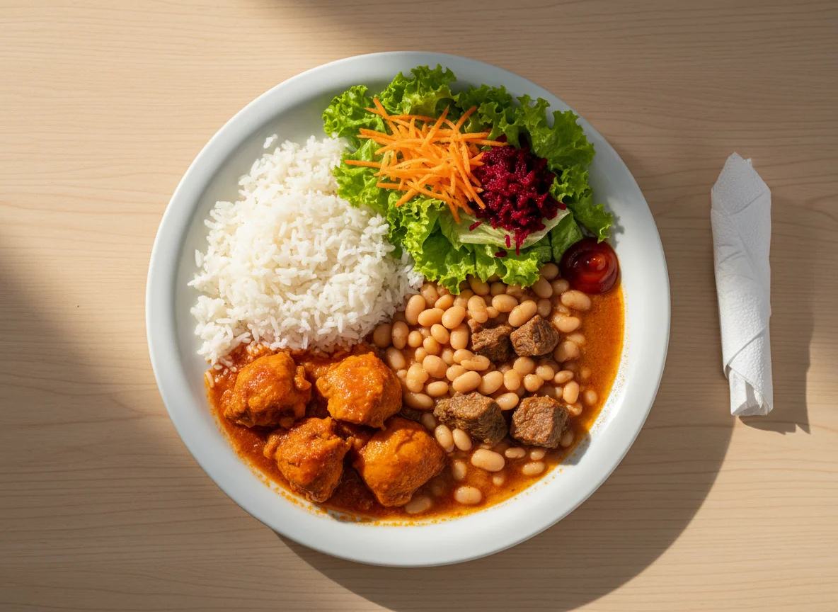 Prato feito com frango, feijão branco, arroz e salada photo