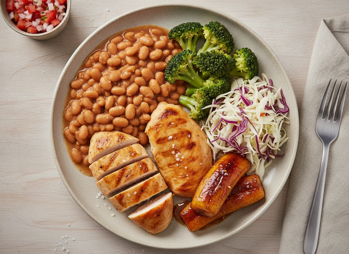 Prato Feito com Frango, Feijão, Brócolis, Salada e Banana Caramelizada photo