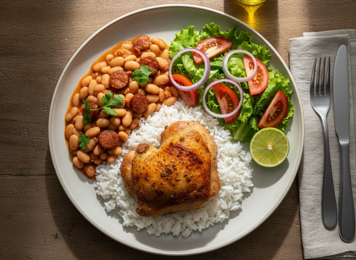 Prato feito com frango, feijão e salada photo