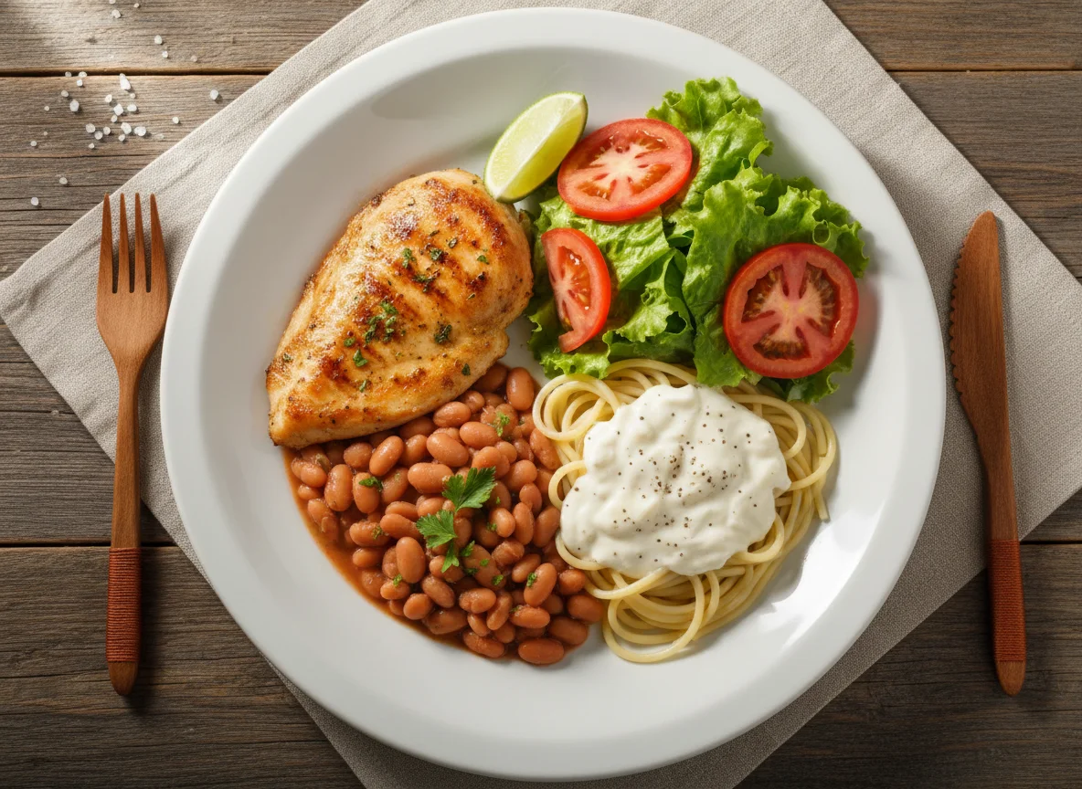 Prato feito com frango, feijão, macarrão e salada photo
