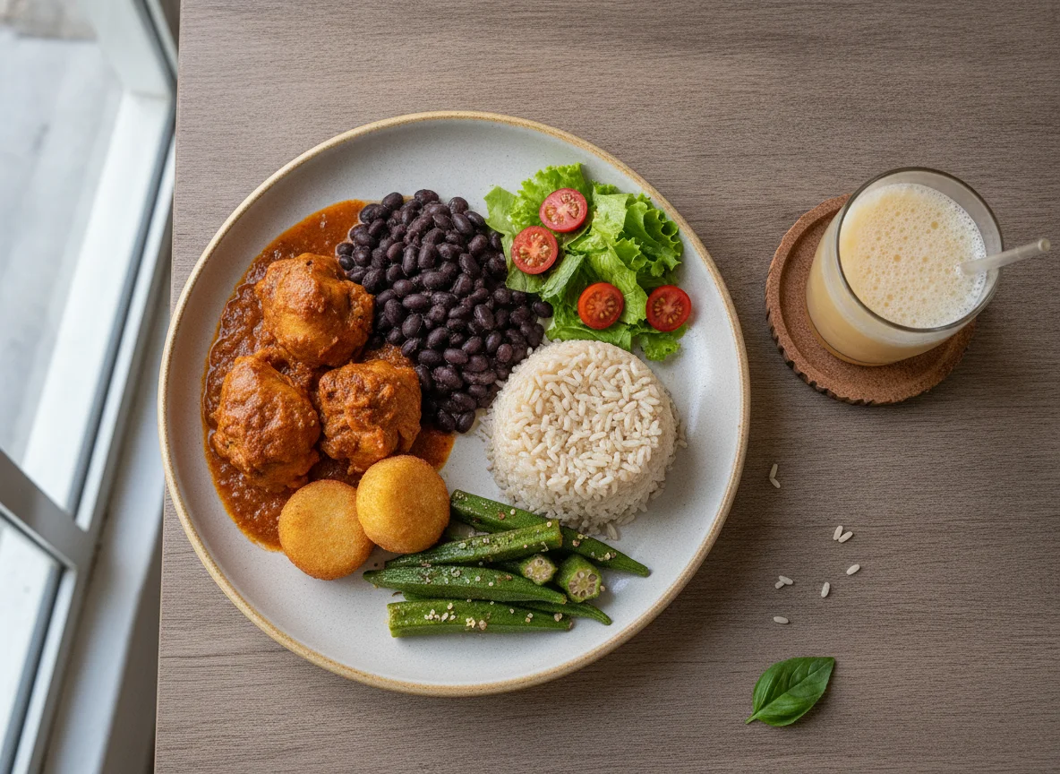Prato feito com frango, feijão preto, arroz, quiabo e suco de caju photo