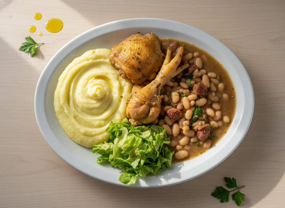 Prato feito com frango, feijão, purê de batata e salada photo