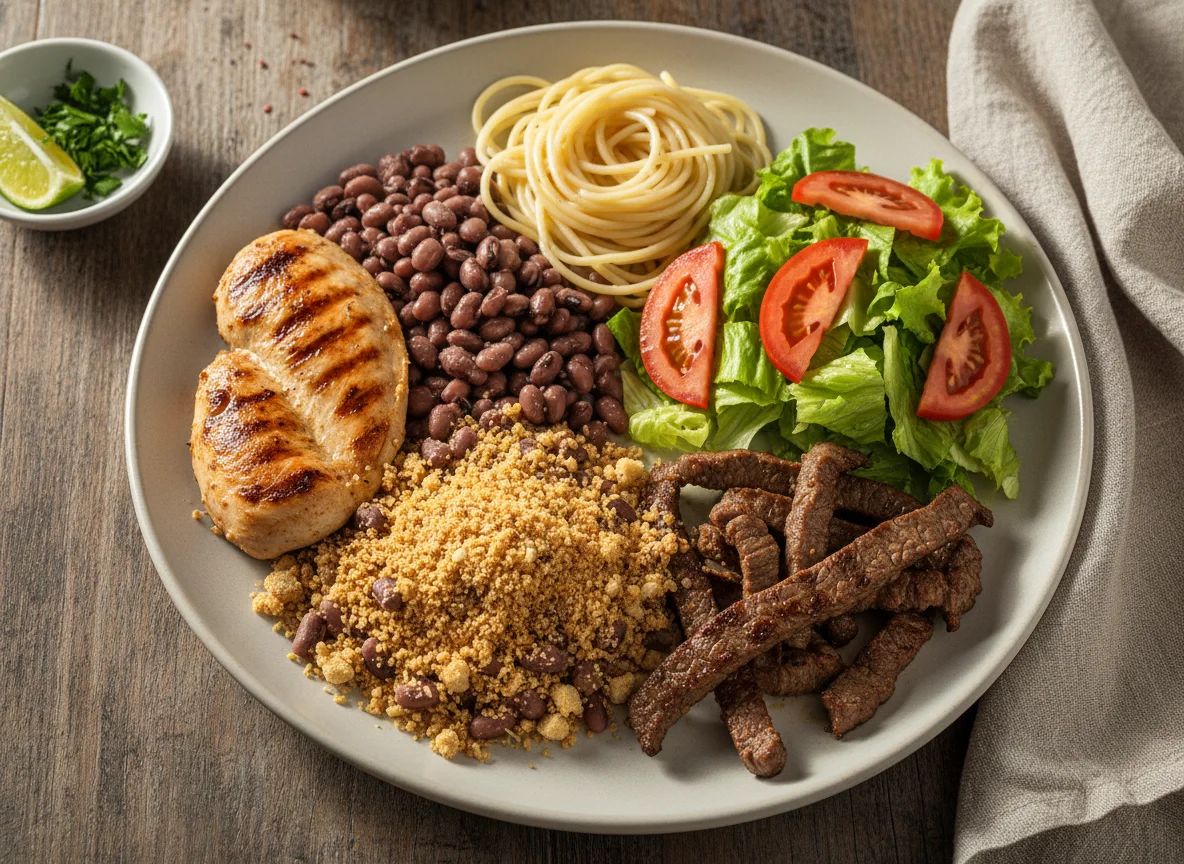Prato feito com frango, feijão-fradinho, macarrão e salada photo