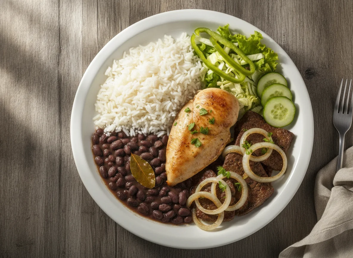 Prato feito com frango, fígado acebolado, arroz, feijão e salada photo