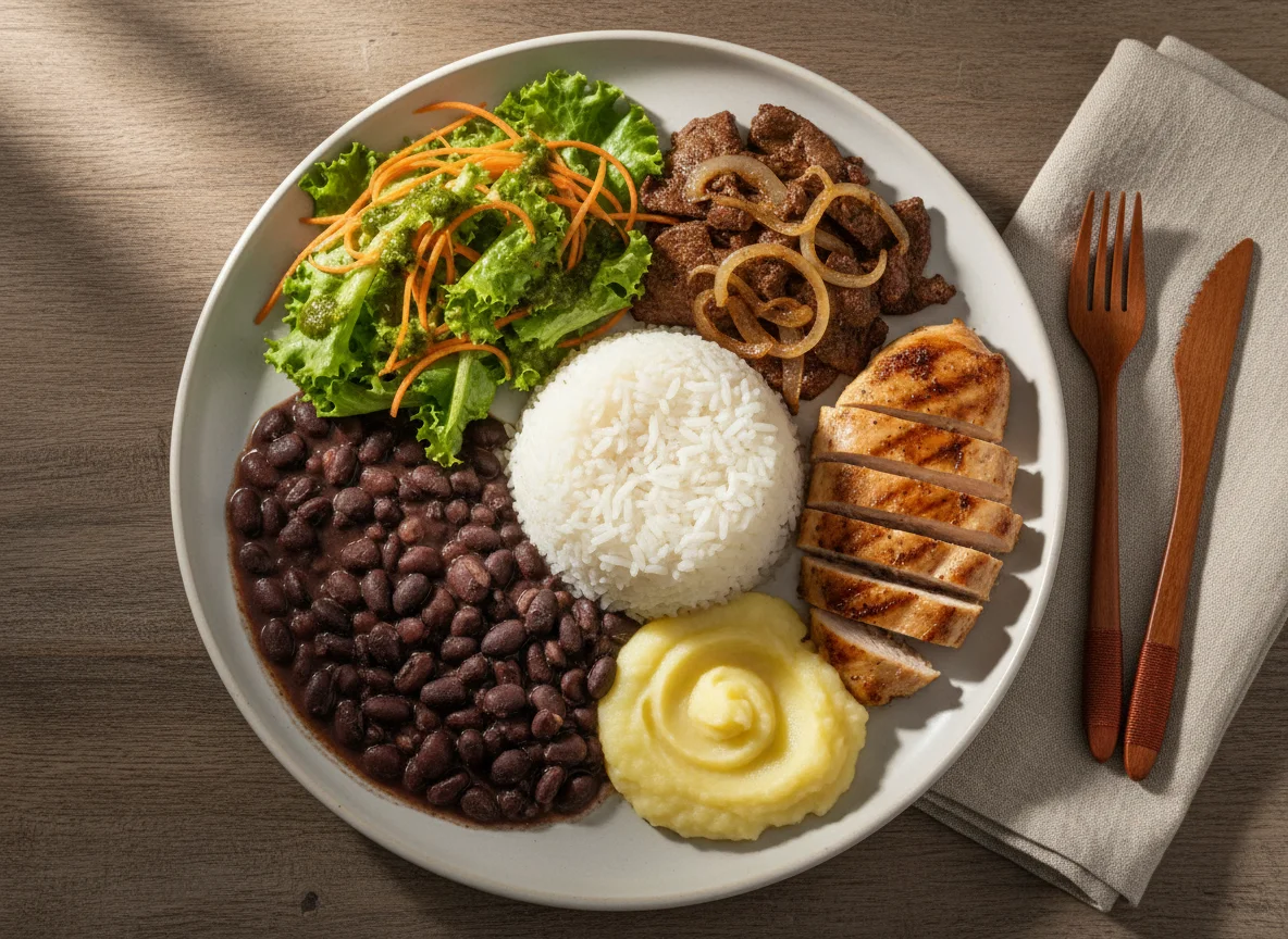 Prato feito com frango, fígado, arroz, feijão e salada photo