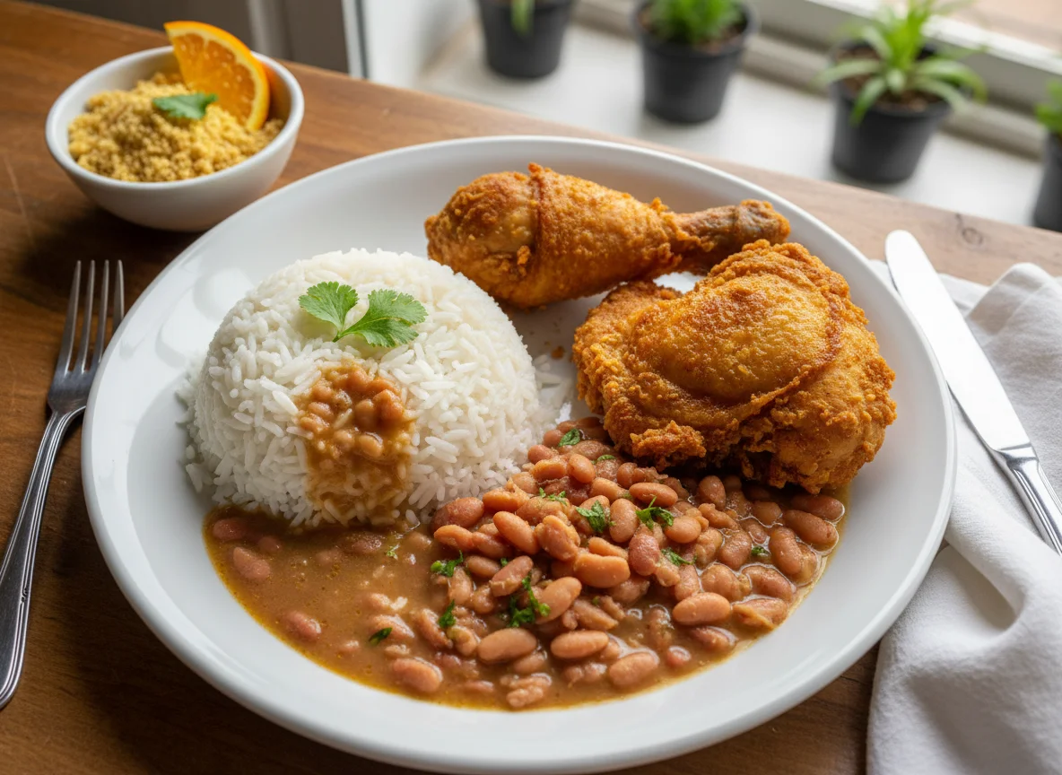 Prato feito com frango frito, arroz e feijão photo