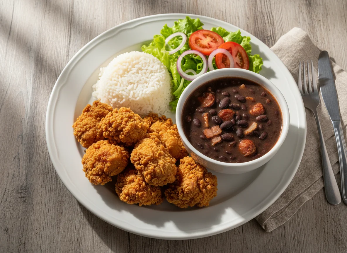 Prato feito com frango frito, arroz e salada photo