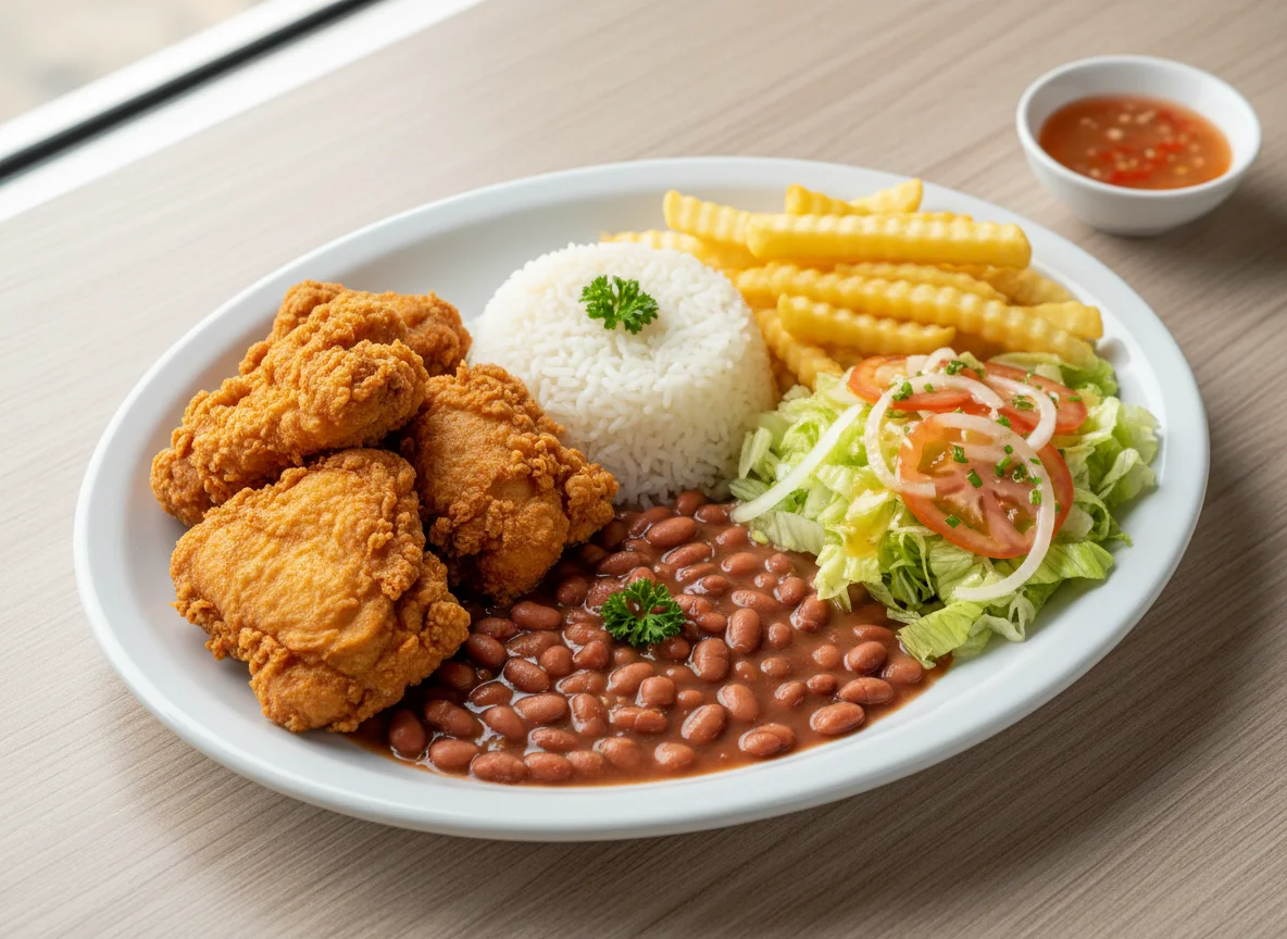 Prato feito com frango frito, arroz, feijão, batata frita e salada photo