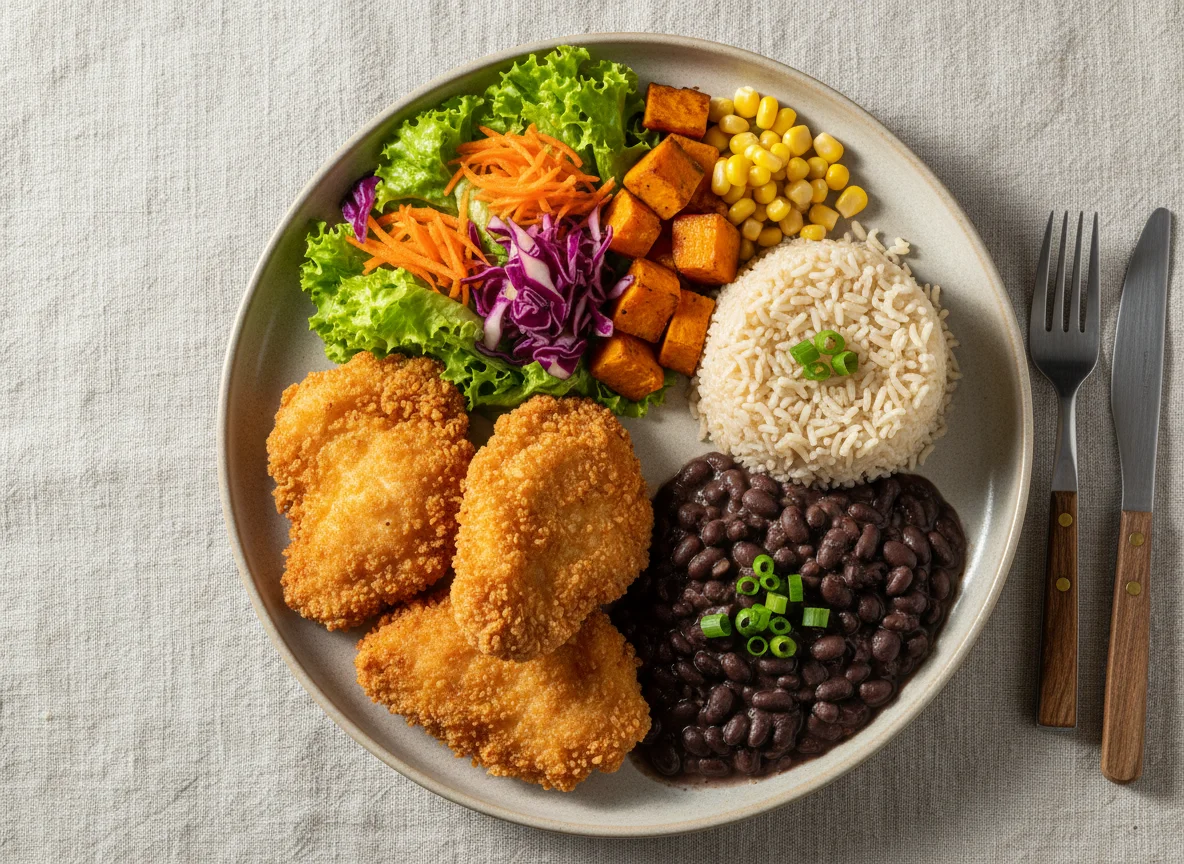 Prato feito com frango frito, arroz, feijão e salada photo