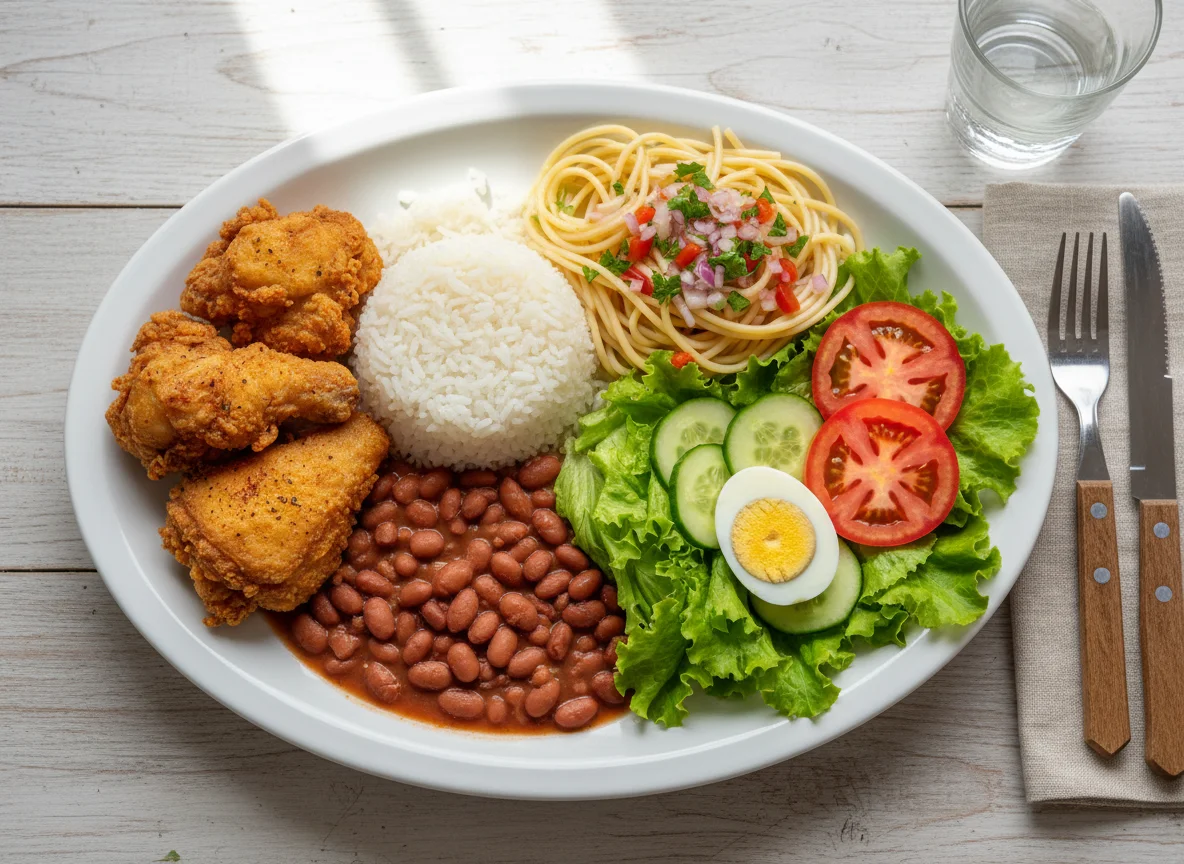 Prato feito com frango frito, arroz, feijão, macarrão, salada e ovo cozido photo