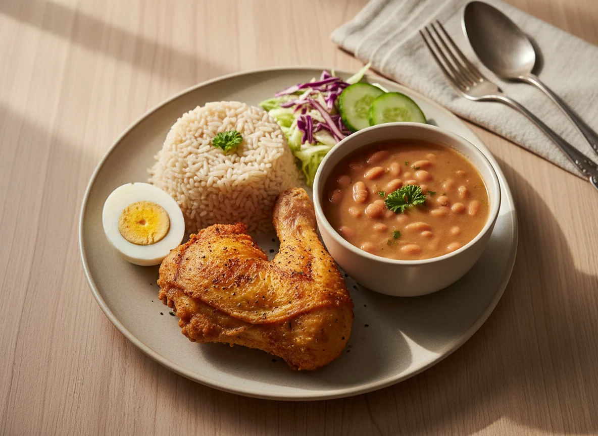 Prato feito com frango frito, arroz, feijão, salada e ovo cozido photo