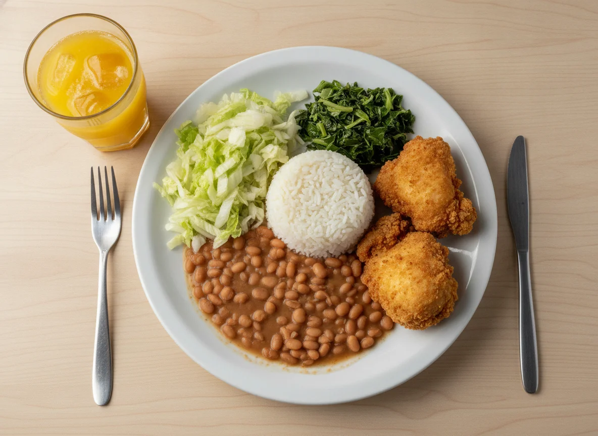 Prato Feito com Frango Frito, Arroz, Feijão, Salada e Suco de Laranja photo