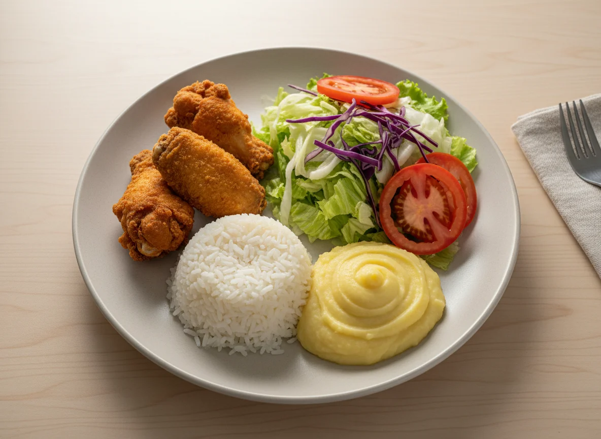 Prato feito com frango frito, arroz, purê de batata e salada photo