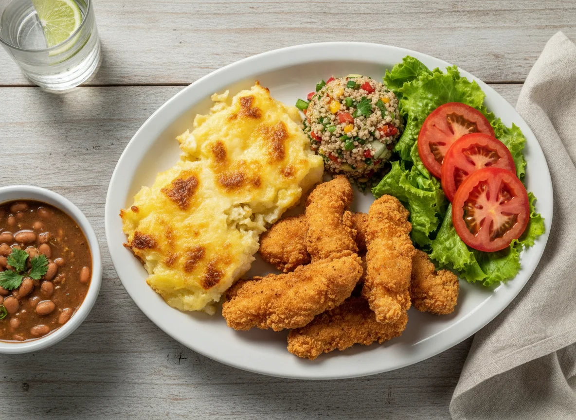 Prato feito com frango frito, batata gratinada e salada photo