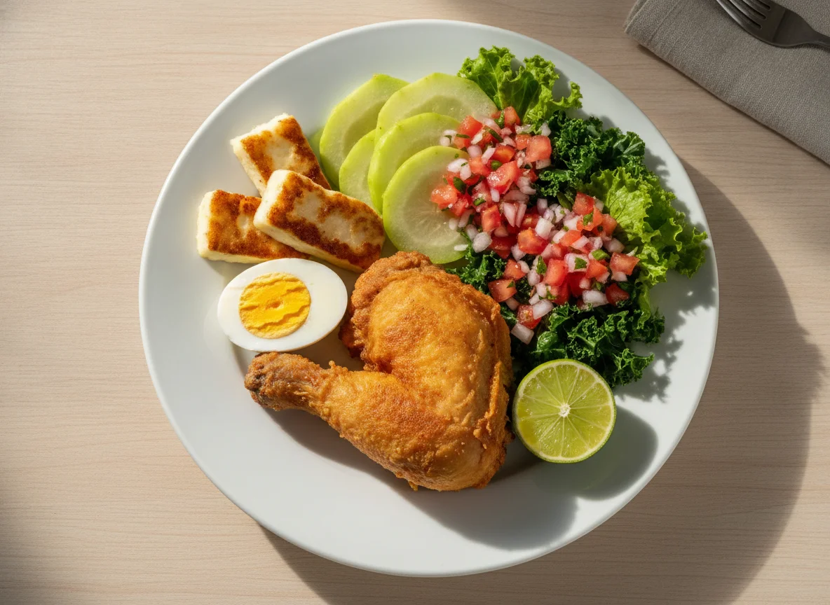 Prato feito com frango frito, ovo e salada photo