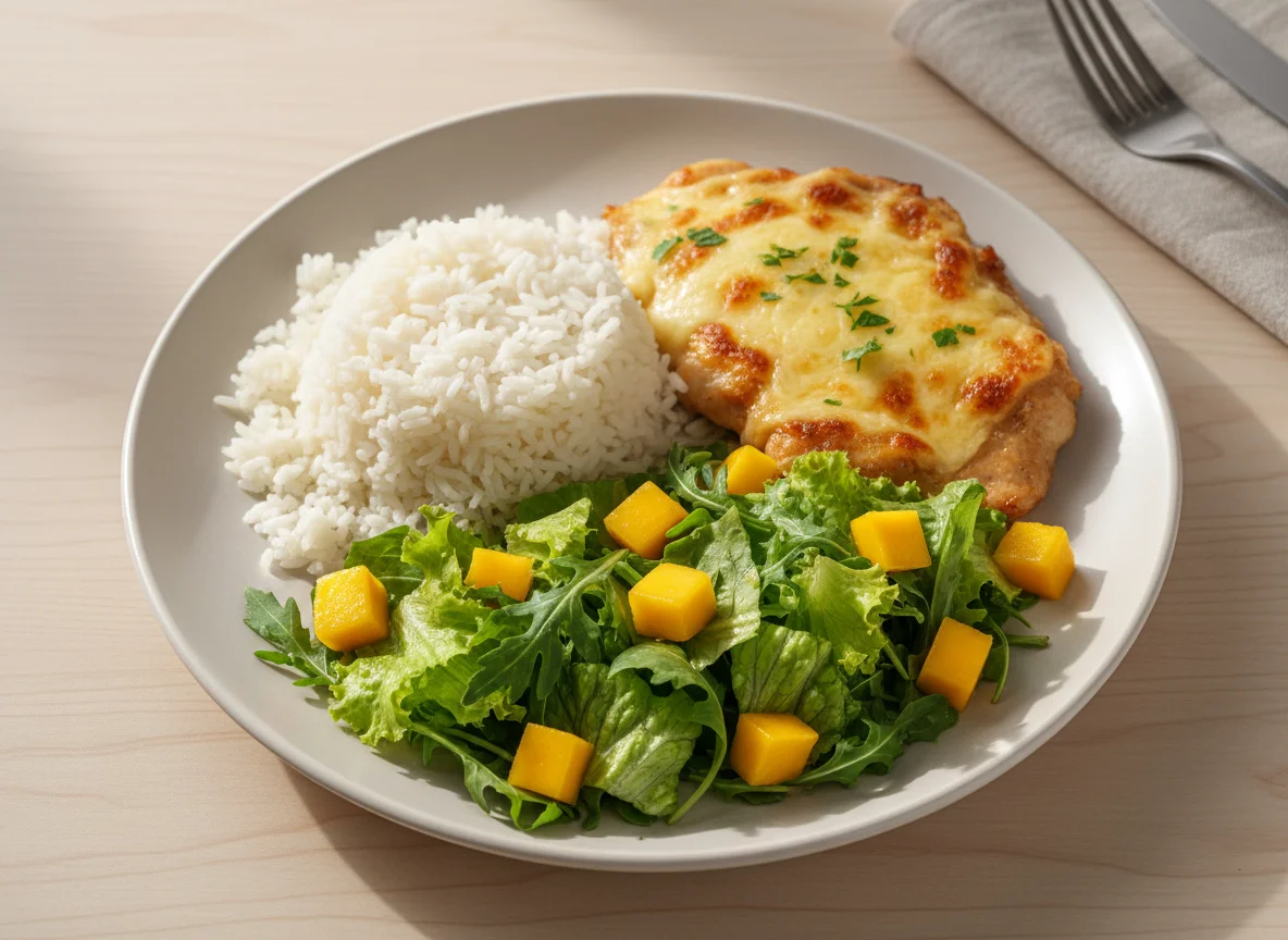 Prato feito com frango gratinado, arroz e salada de alface com manga photo